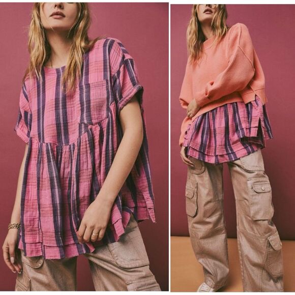 FREE PEOPLE We The Moon City Plaid Pink Purple Combo Oversized Babydoll XS OSFM